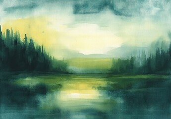 Fototapeta premium Peaceful watercolor landscape of a calm river surrounded by dense pine forests under a moody sky with soft light breaking through clouds