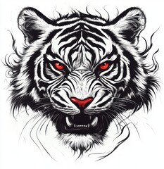 Fototapeta premium Close-up illustration of a fierce white tiger with striking red eyes and nose showing sharp teeth in an intense and powerful expression