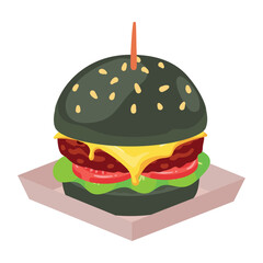  Modern Black Charcoal Burger Vector Illustration on Take-Out Tray