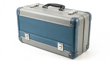 A stylish, vintage-inspired blue and gray suitcase with metal latches and reinforced corners, perfect for travel.