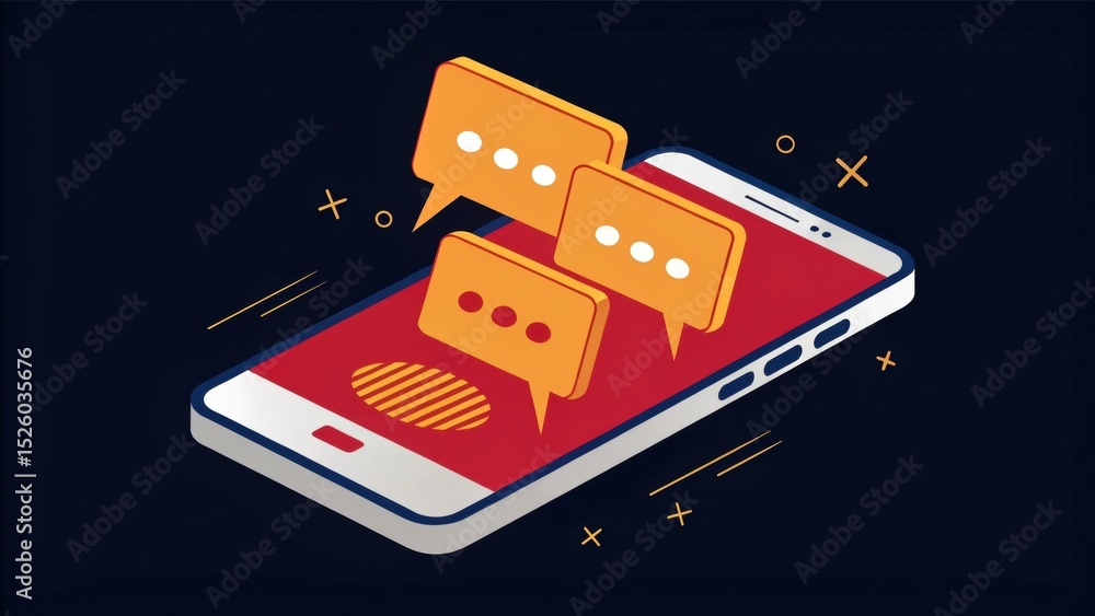 Poster a smartphone with three chat bubbles above the screen, representing online messaging and digital com