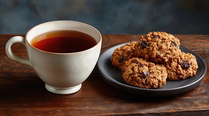 Crispy oatmeal cookies paired with black tea create a cozy snack scene on rustic wood.


