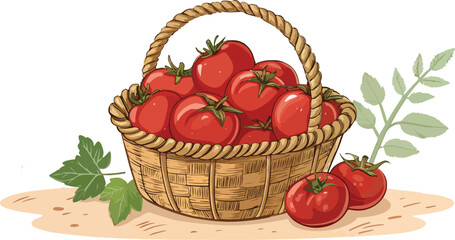 Tomato in basket in natural background Illustration vector design, Tomato Illustration vector design