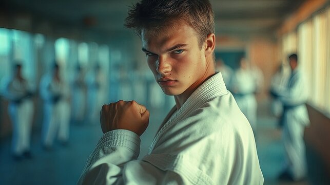 dedication and discipline: capture the spirit of martial arts with this inspiring poster of a young man in traditional uniform practicing his skills