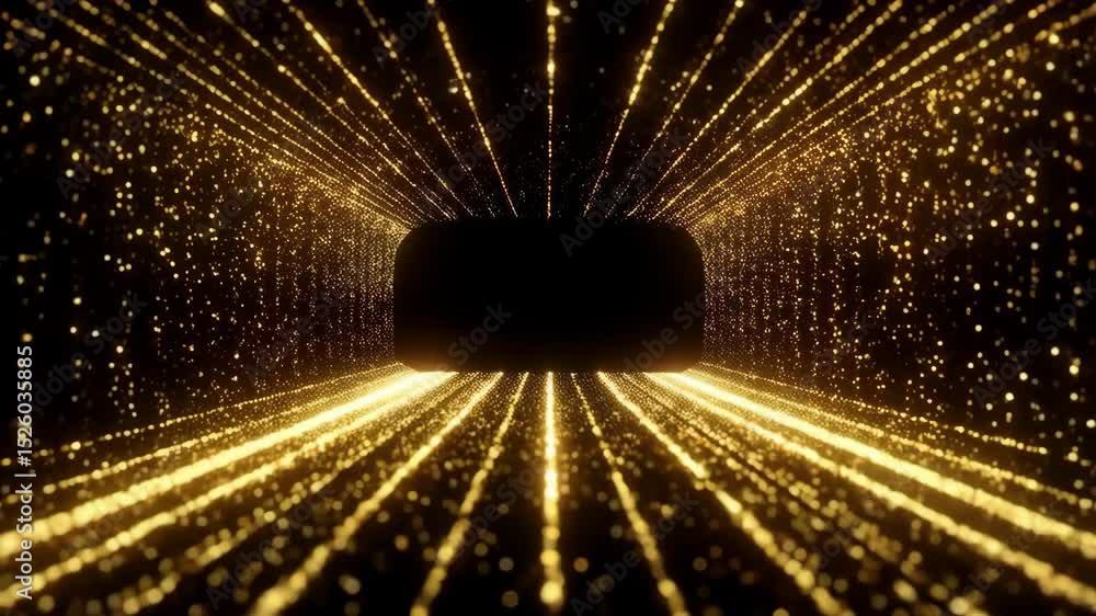 Poster abstract glowing golden tunnel background with sparkling particles creating straight lines towards a