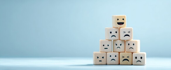 The expression cubes stacked to represent various emotions and feelings in psychology.