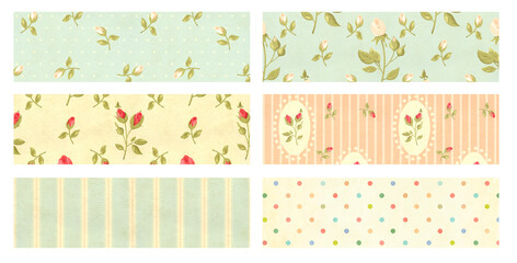 Set of vertical or horizontal banner with retro pattern with rose flower and strips in shabby chic style and paper texture. Collection of vintage background in romantic cozy style. Copy space for text