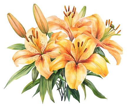 Watercolor lilies bouquet isolated on transparent background - Powered by Adobe