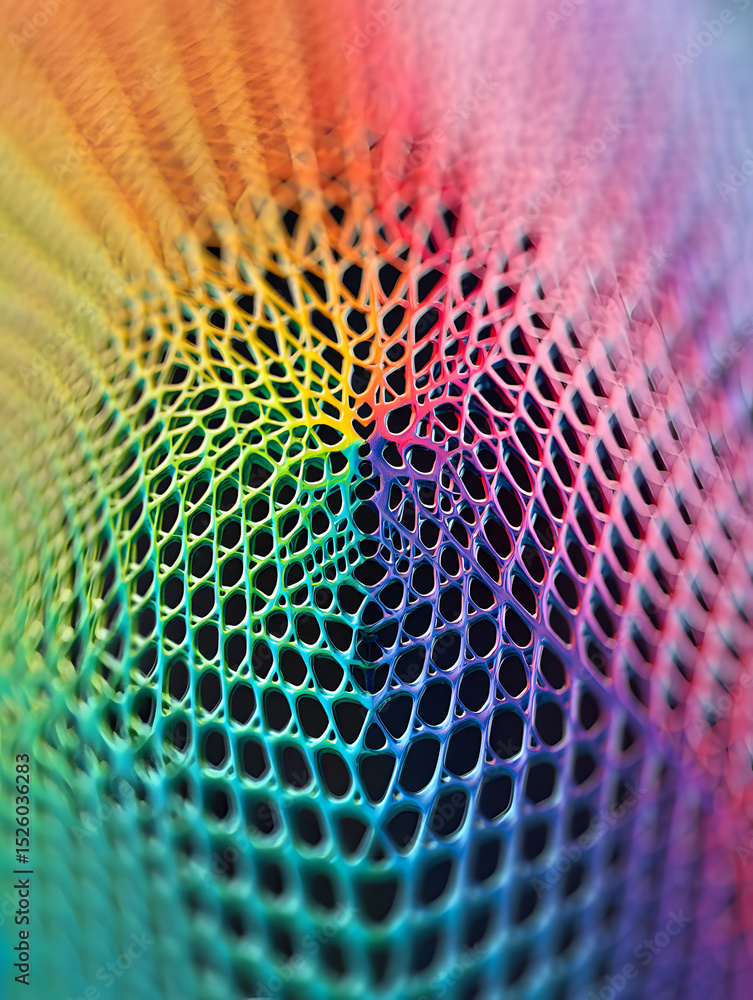 Poster a close up image of a colorful mesh with a black background and a rainbow gradient effect overlayed