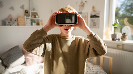 Curious boy using VR headset in cozy bedroom. Concept of kids exploring technology, virtual worlds, learning through play, innovation, and futuristic digital entertainment at home.