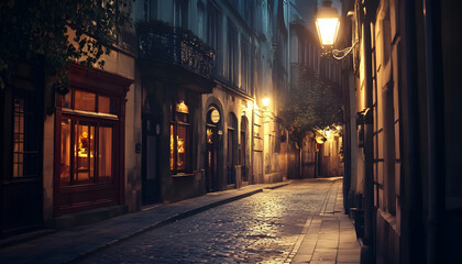 Fototapeta premium Night view of a vintage European city street with Gothic architecture