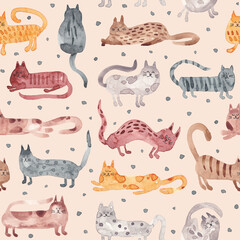 Seamless pattern with abstract hand drawn cats. Cute design for cards, banners, invitations. Kid, Childish drawing style. Simple aquarelle pets. Repeating tile with funny cats