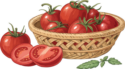 Red Tomato and tomato slice in basket in white background vector design, Tomato Illustration vector design