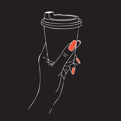 paper cup holds female hand vector sketch chalk on black background