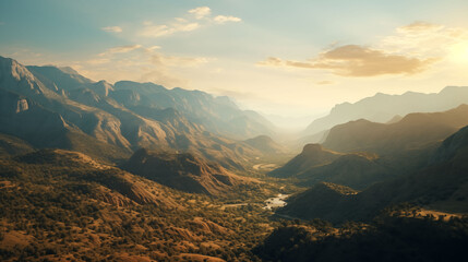 Fototapeta premium mountain valley at sunrise, soft golden light, clean sky, sharp details in foreground and background