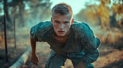 unleashing resilience: a young man conquering an obstacle course in military training – perfect for a dynamic sports interior poster!