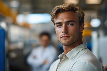 Fototapeta premium Young man with light hair and blue eyes wearing a light-colored shirt looking confidently at the camera indoors with a blurred person in the background
