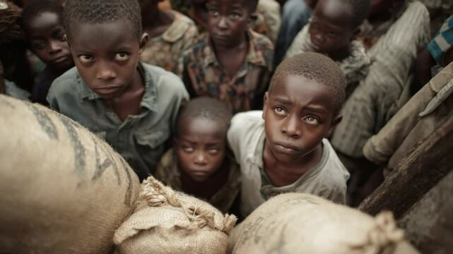 Yearning Gazes of Resilience: A poignant portrayal of underprivileged children looking directly at the viewer, capturing the essence of their hardship and indomitable spirit.