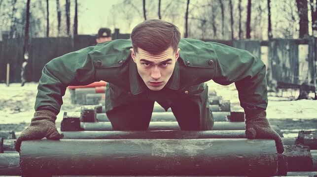 unleashing resilience: a young man conquering an obstacle course in military training – perfect for a dynamic sports interior poster!
