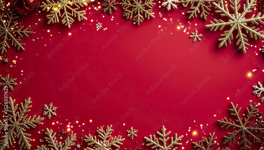 Poster festive red background with intricate snowflake border and light sparkles creates joyful