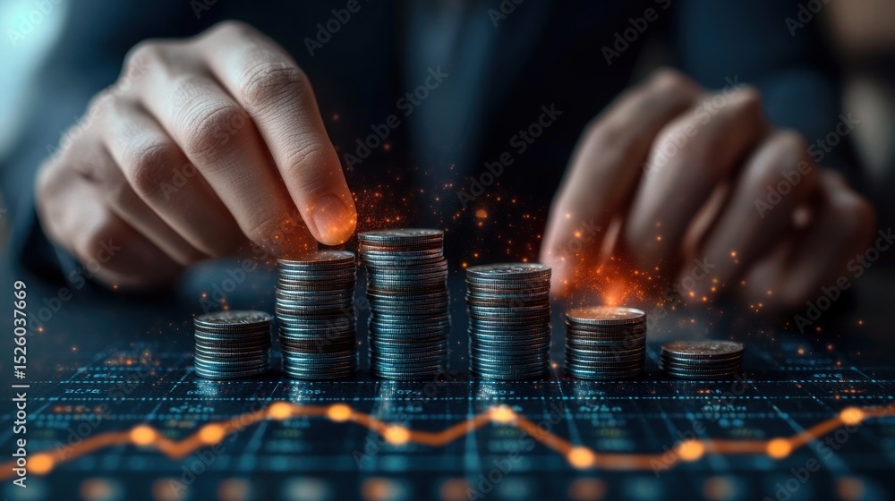 Poster close-up of hands stacking coins on a digital financial graph background with glowing data points re