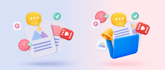 3D media data with video and photo management. Searching image and video files in gallery library. Document management soft database, document form. 3d multimedia file icon vector render illustration
