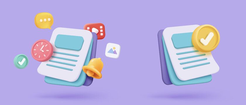 3D media data with video and photo management. Searching image and video files in gallery library. Document management soft database, document form. 3d multimedia file icon vector render illustration