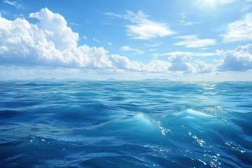 Fototapeta premium Expansive ocean under bright blue sky with scattered white clouds and distant mountain silhouettes on the horizon