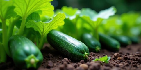 Abundant green zucchini plants thriving in garden bed, garden, farming, long