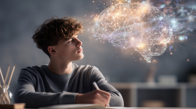 Young student writing at desk while visualizing a glowing neural brain. Concept of learning, creativity, mental health, intelligence, memory, and cognitive development.