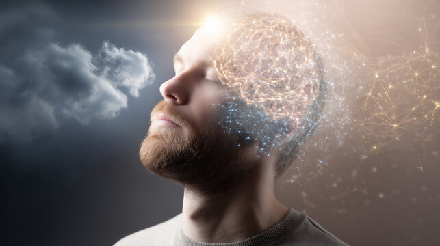 Conceptual image of mental health, depression treatment, and neural activity. Portrait of a calm man with glowing brain connections, symbolizing therapy, inner healing, and psychological balance.