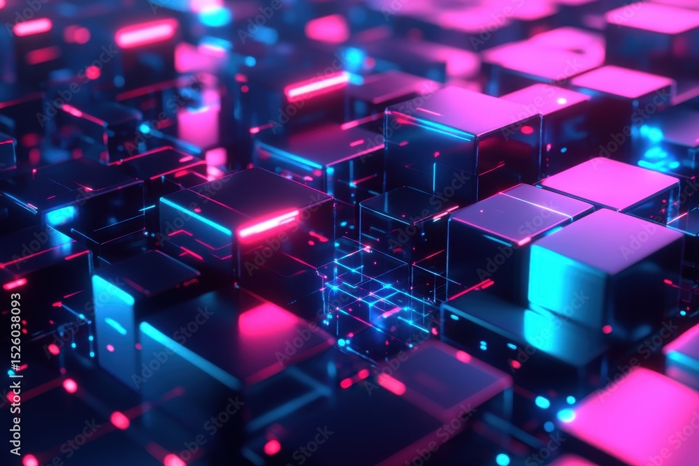 Poster this abstract digital artwork showcases vibrant cubes illuminated by neon lighting. the interplay of