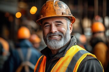 smiling mature construction worker wearing a weathered orange helmet and safety vest at an industrial site with coworkers blurred in background