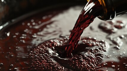 Pouring rich dark red wine creating bubbles of anticipation and delight in a dark moody and delicious liquid