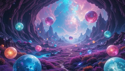 Colorful spheres float in a vibrant, otherworldly landscape.