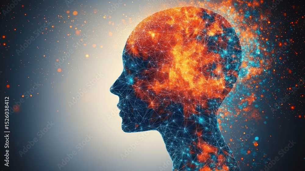Poster digital silhouette of a human head filled with interconnected blue network nodes and fiery orange gl