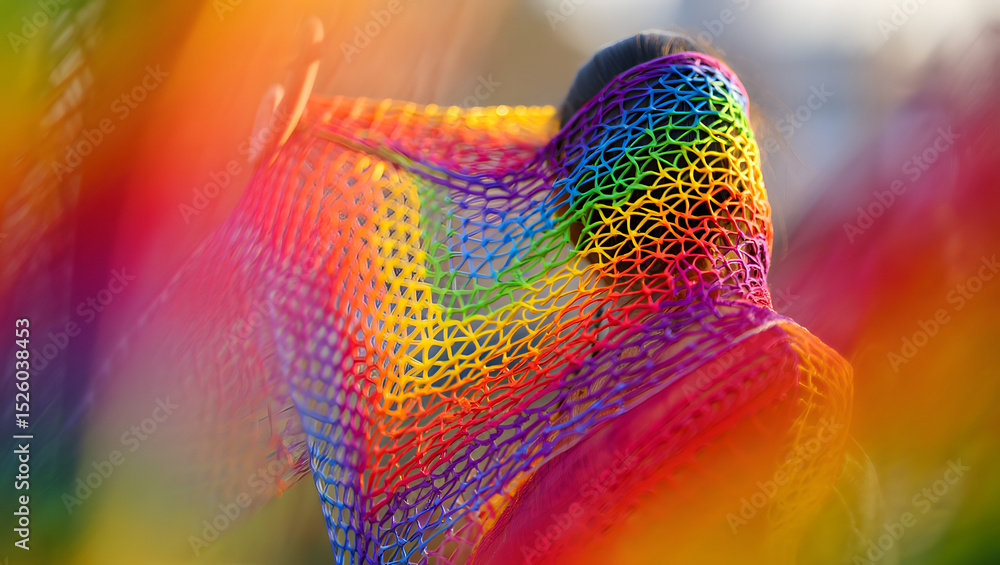 Poster person draped in vibrant rainbow colored net with blurred background and bokeh effect showing