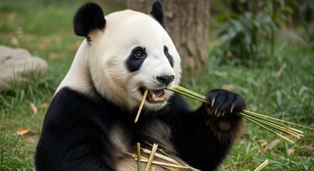 Fototapeta premium Adorable Giant Panda Bear Eating Bamboo Shoots in a Natural Habitat