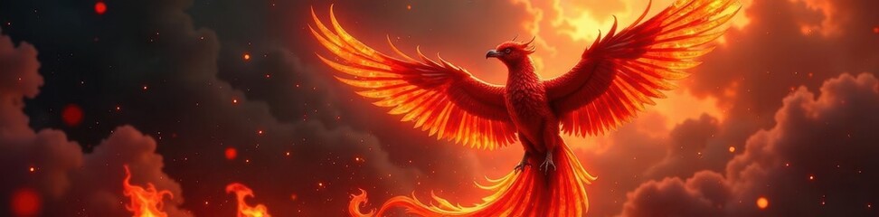 Crimson phoenix ascends, intricate wire wings, swirling flames, fire, intense, legend