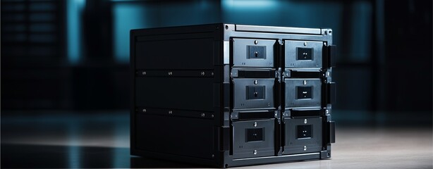 Cybernetic Enclosure: A starkly professional view of a modular black container with an array of technological ports hinting at data storage and high performance computing.