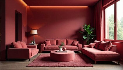 Harmonious maroon living space, accent lighting, elegant styling, texture, decor, interior