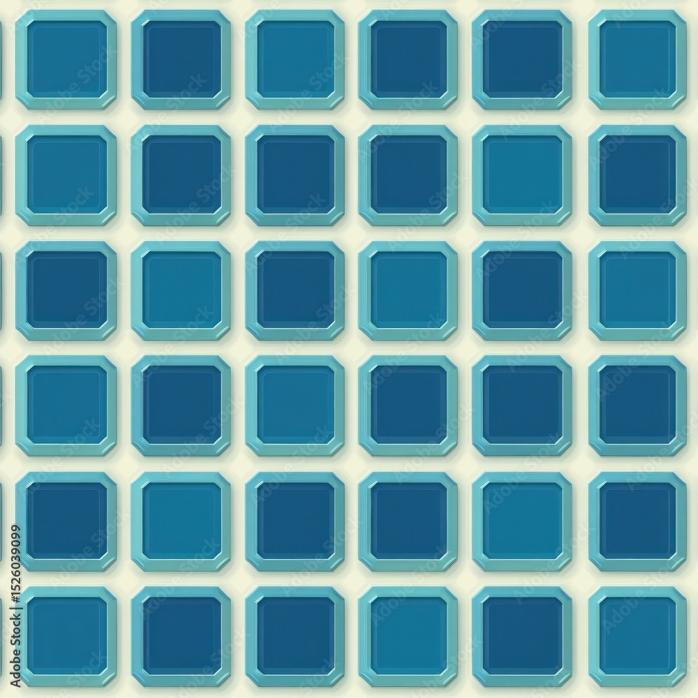 Poster seamless pattern of raised blue square tiles with lighter borders arranged in a grid on a light back