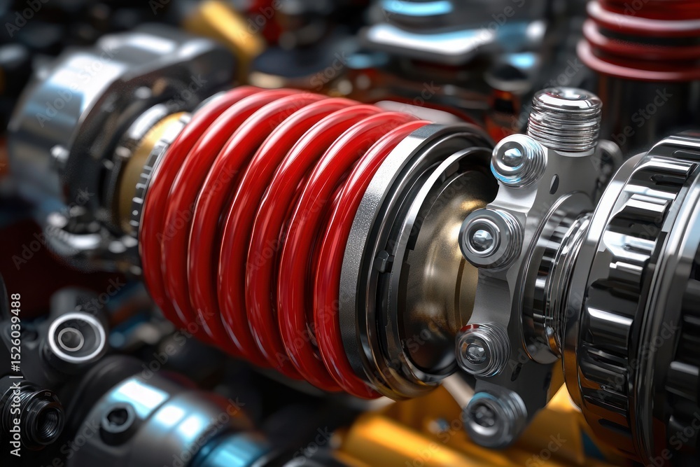 Poster close-up of a shiny metallic mechanical component with a red coil spring and various bolts and intri