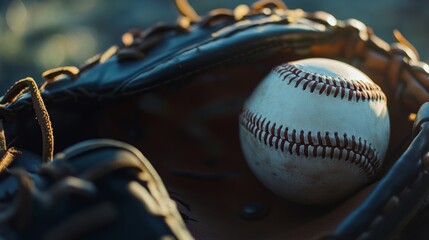 A baseball catcher's mitt and ball, outdoor setting with twilight ambiance, Action style