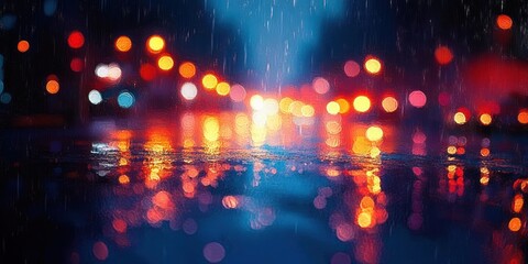Fototapeta premium Blurred city street lights reflecting on wet surface during rainy night creating colorful bokeh effect with red, orange, and blue tones