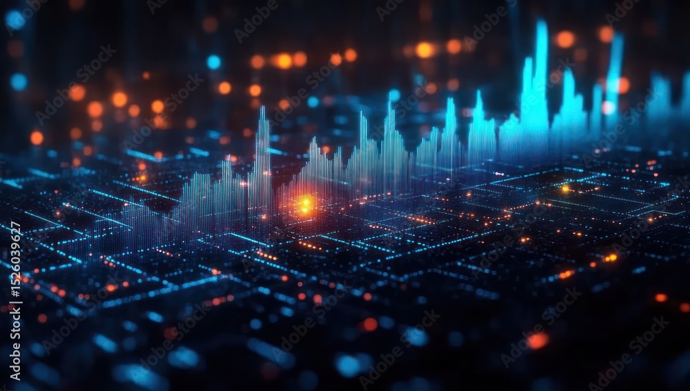 Poster futuristic digital cityscape made of glowing blue and orange light patterns representing data flow a