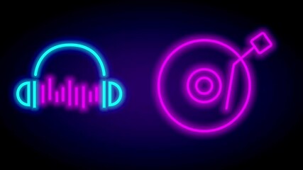 A vivid neon turntable connected to headphones glows in pink and blue, evoking DJ culture, audio mixing, and nightlife ambiance in one symbol - Powered by Adobe