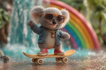 A cool koala in surfer shades riding a skateboard on a rainbow waterfall, chill yet extreme.