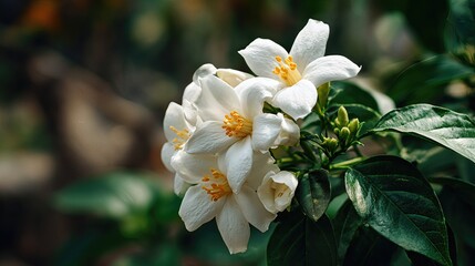 A fresh jasmine flower softly blooms in a garden, captured in gentle focus with natural light.
