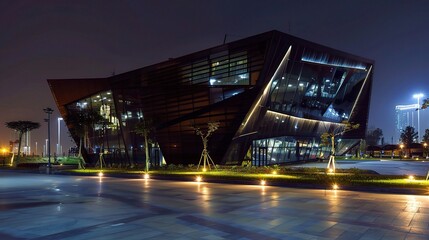 Modern business center at night illuminated by vibrant neon lights and glowing windows, showcasing sleek architectural designs and a bustling urban atmosphere. The tall skyscrapers stand out against t